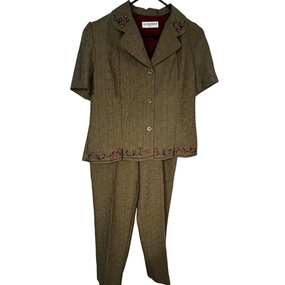 Sag Harbor 2 piece tan pant set with fall like flower embroidered on jacket/top